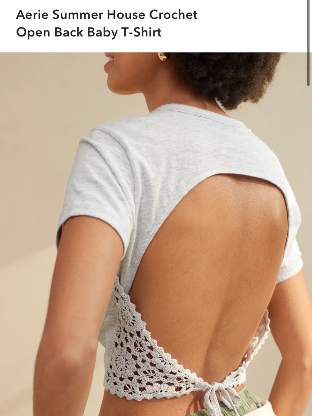 aerie White Cropped Tee with Crochet Tie Detail